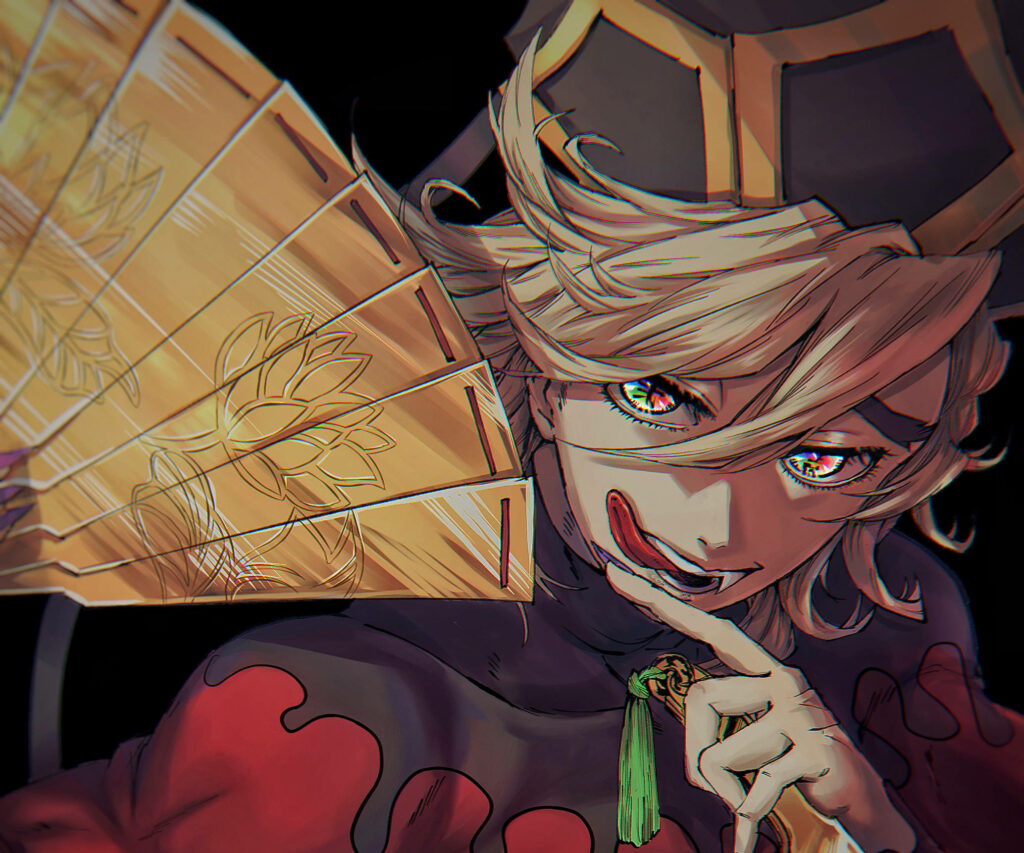 Douma Demon Slayer wallpaper vibrant anime art multicolored eyes red gold costume fan detailed design