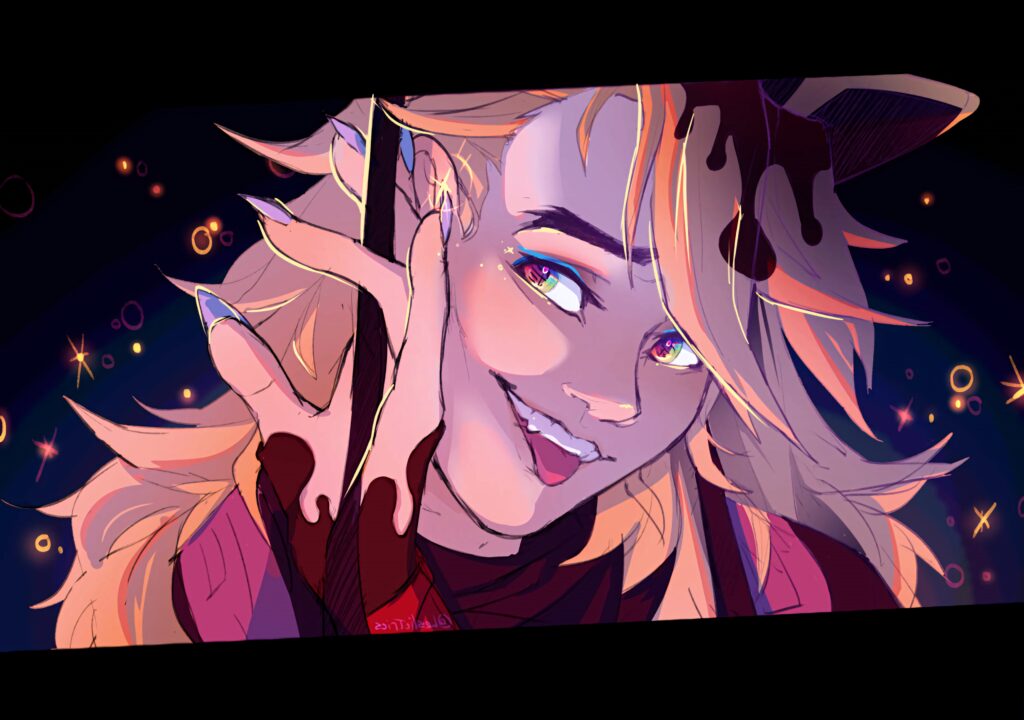 Blonde demon Douma from Demon Slayer with multicolored eyes on vibrant starry wallpaper background