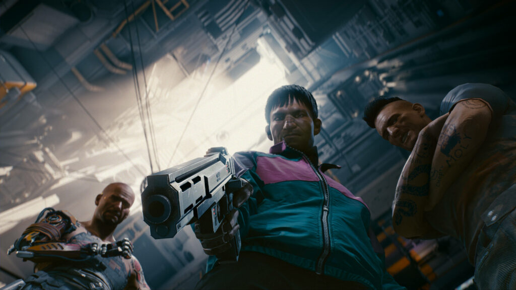 Subterranean Showdown: Cyberpunk Ambush Unfolds as the Player Confronts Three Armed Henchmen in a Futuristic Game Wallpaper