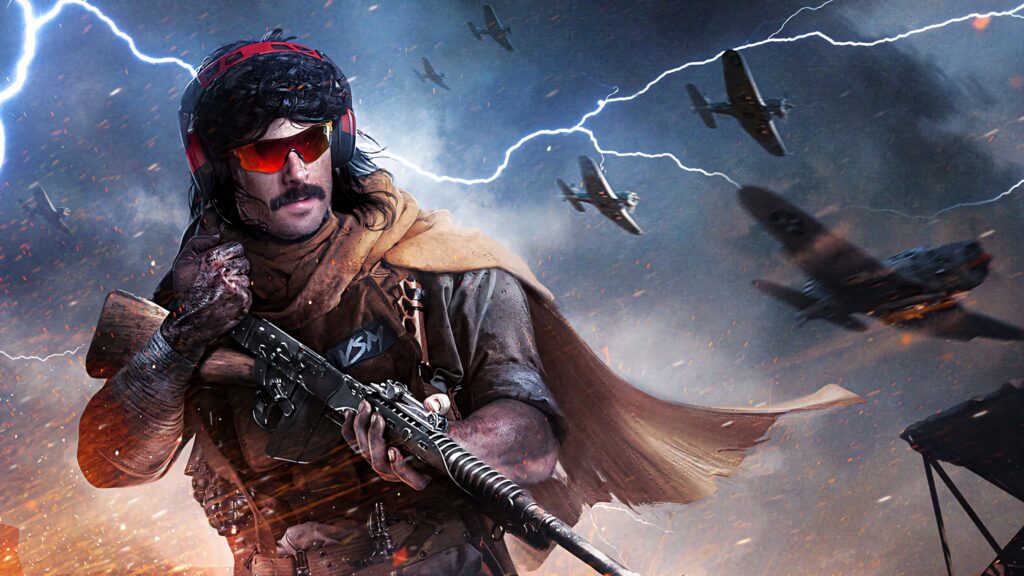 Dr DisRespect wallpaper with streamer in battlefield scene vintage warplanes lightning sparks