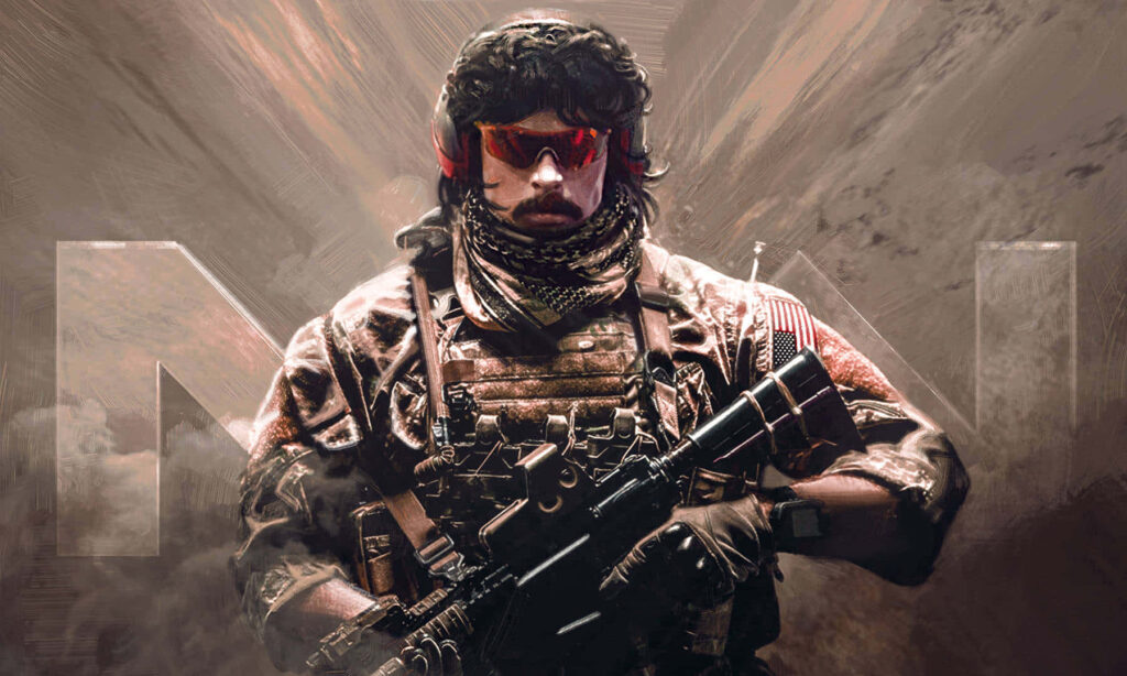 Dr DisRespect wearing military gear holding tactical rifle with red sunglasses intense action wallpaper