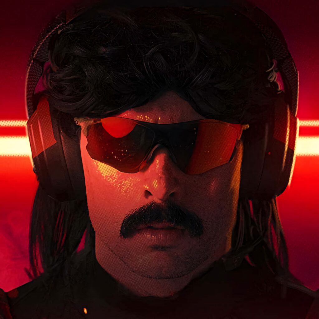 Dr DisRespect wallpaper with mullet sunglasses headset neon red background intense gamer look