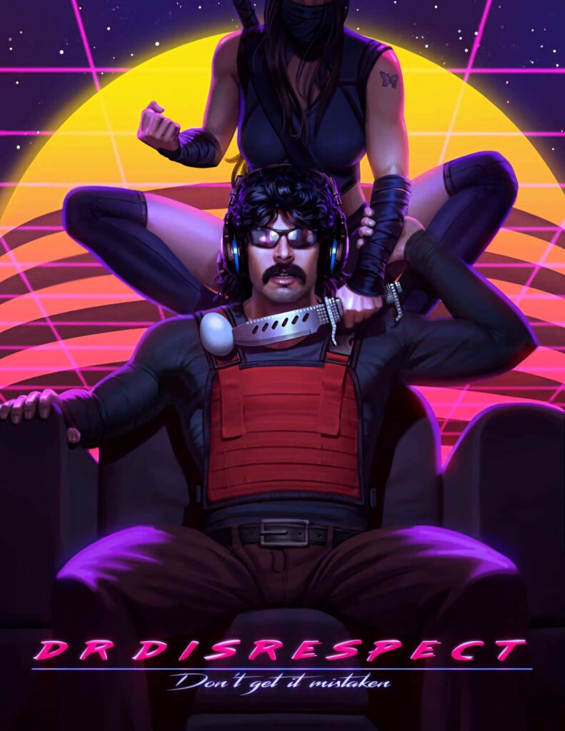 Dr DisRespect vibrant wallpaper neon sunset retro synthwave style masked figure intense lighting
