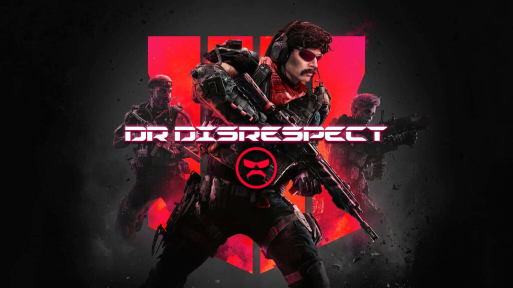 Dr DisRespect in tactical gear holding rifle red black background intense gaming energy wallpaper