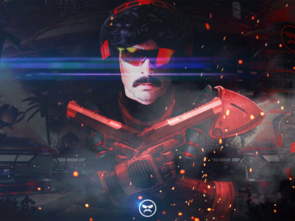 Dr DisRespect wallpaper with signature mullet sunglasses headset dynamic lighting and futuristic gaming background