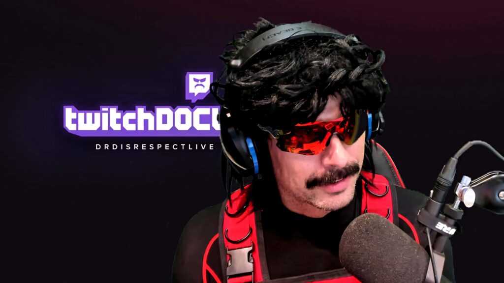 Dr DisRespect vibrant wallpaper with red vest black mullet and reflective sunglasses on dark background