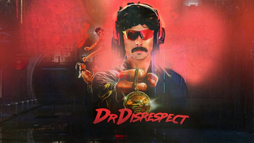 Dr DisRespect wallpaper with sunglasses headset tactical vest red background dynamic gamer design