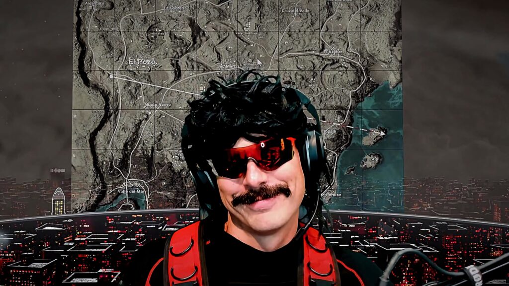 Dr DisRespect with signature mullet red sunglasses headset bold gaming map background wallpaper