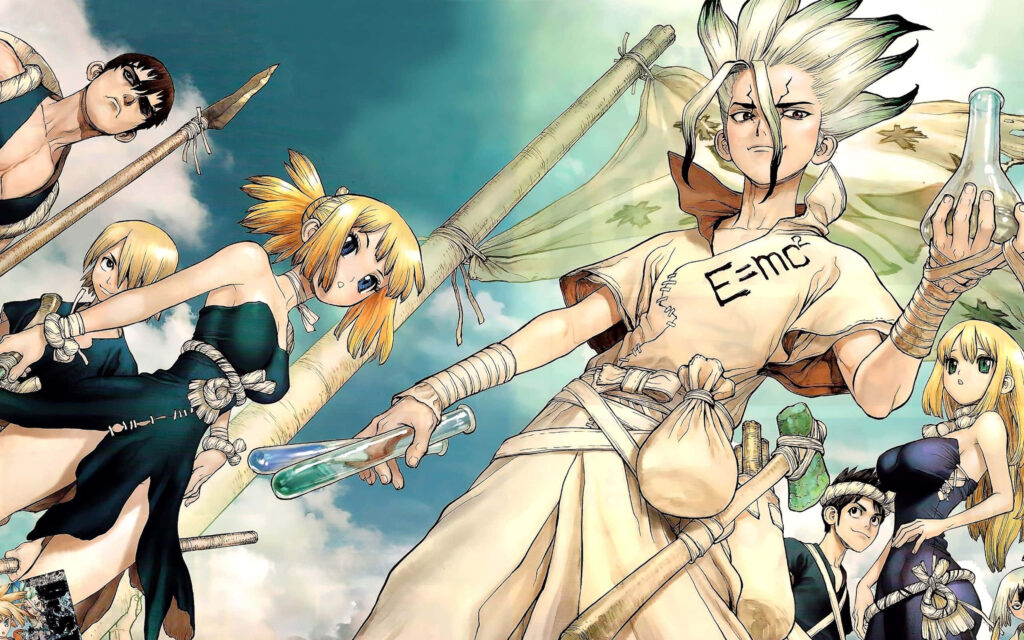 Dr Stone anime wallpaper with Senku Ishigami Ruri Kohaku Ginro Kinro against dynamic sky