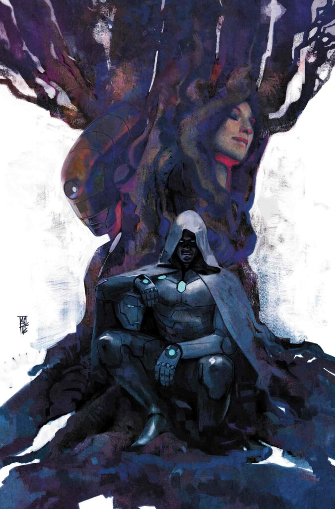Dr. Doom Wallpaper: Iconic Armor with Artistic Tree & Abstract Faces
