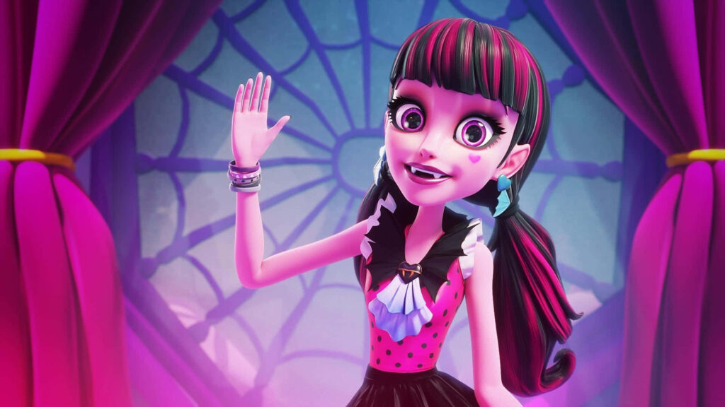Draculaura from Monster High waves by gothic window in 3D vibrant pink and purple wallpaper