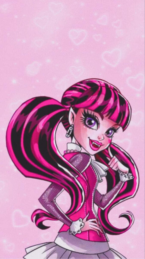 Draculaura Monster High wallpaper with black pink pigtails stylish outfit playful pose pink hearts