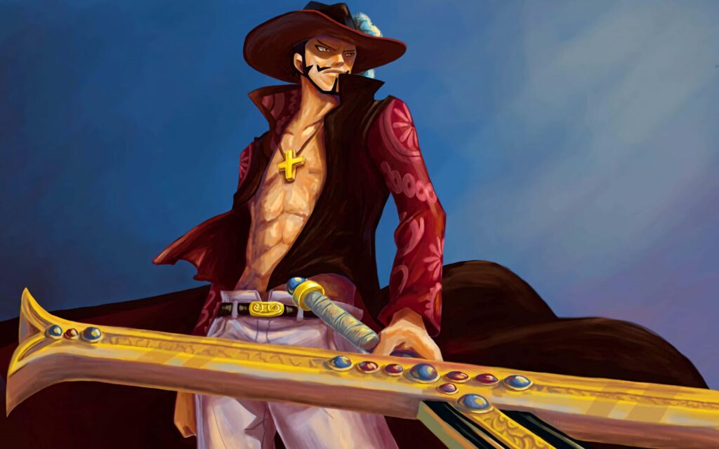 Dracule Mihawk anime wallpaper with bold colors sword cross pendant confident pirate pose