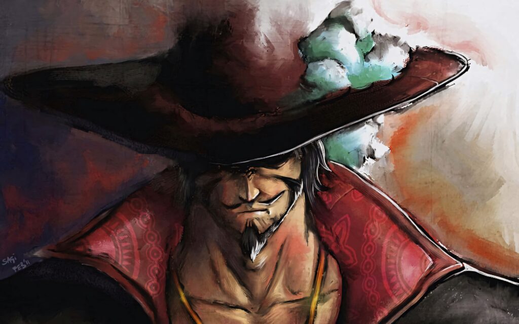 Dracule Mihawk One Piece wallpaper intense gaze wide-brimmed hat vivid red shadows background