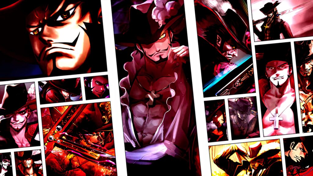 Dracule Mihawk One Piece wallpaper bold reds dynamic comic style sword intense expression background