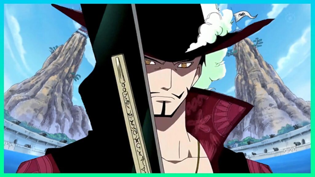 Dracule Mihawk One Piece wallpaper intense golden eyes wide-brimmed hat black sword blue sky