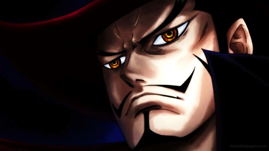 Dracule Mihawk close-up with intense golden eyes and bold facial hair on dark One Piece wallpaper