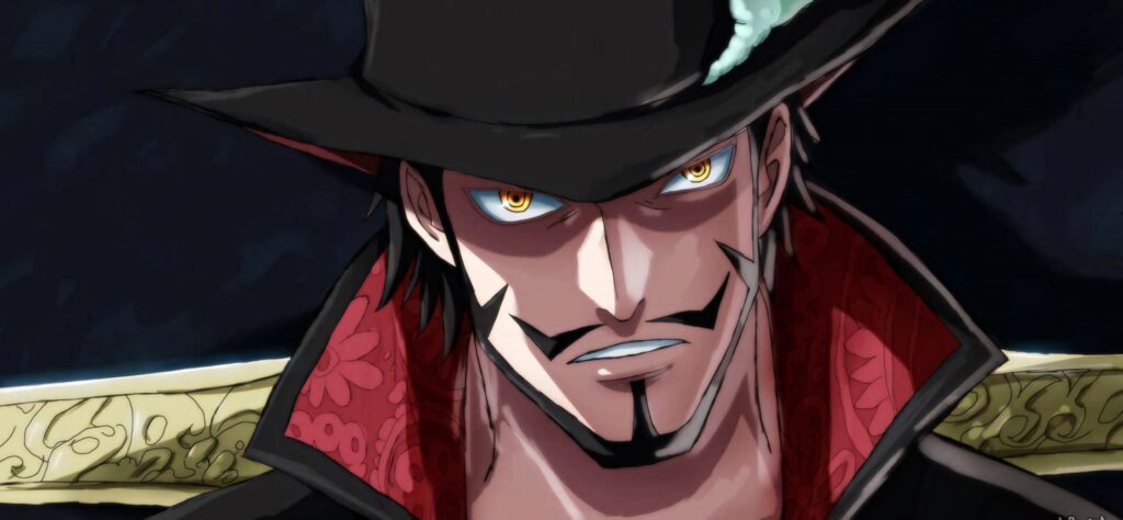 Dracule Mihawk One Piece wallpaper with intense golden eyes sharp gaze and black signature hat