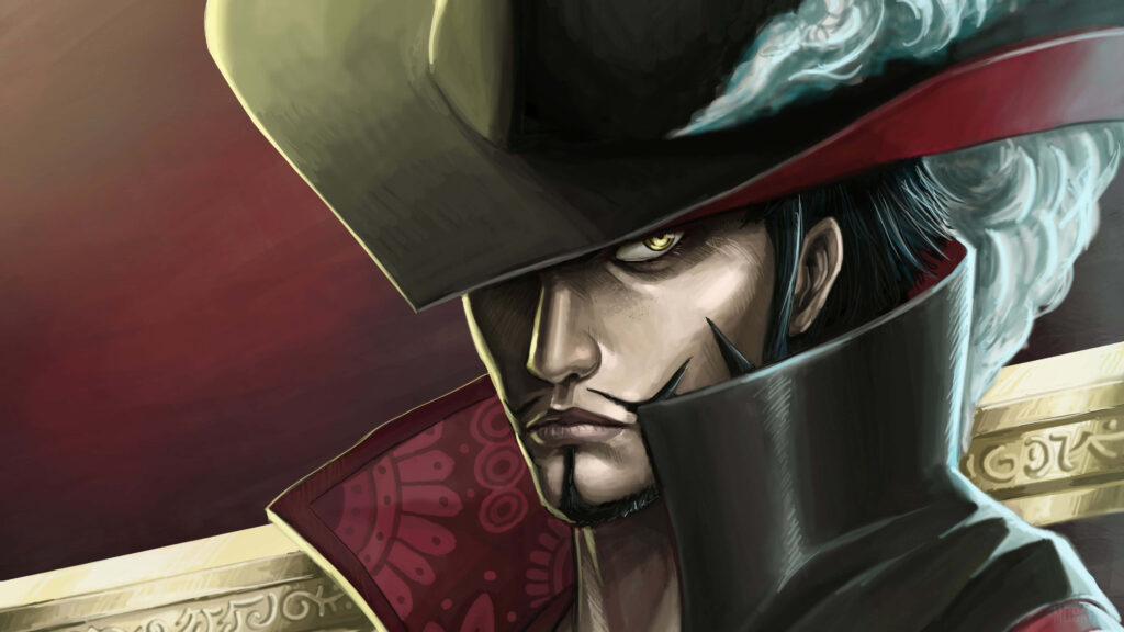 Dracule Mihawk One Piece wallpaper sharp shadows piercing gaze wide-brimmed hat red gold tones