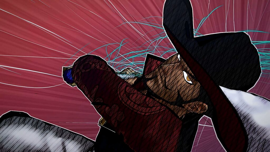 Dracule Mihawk anime wallpaper with intense focus vibrant energy lines red background One Piece king