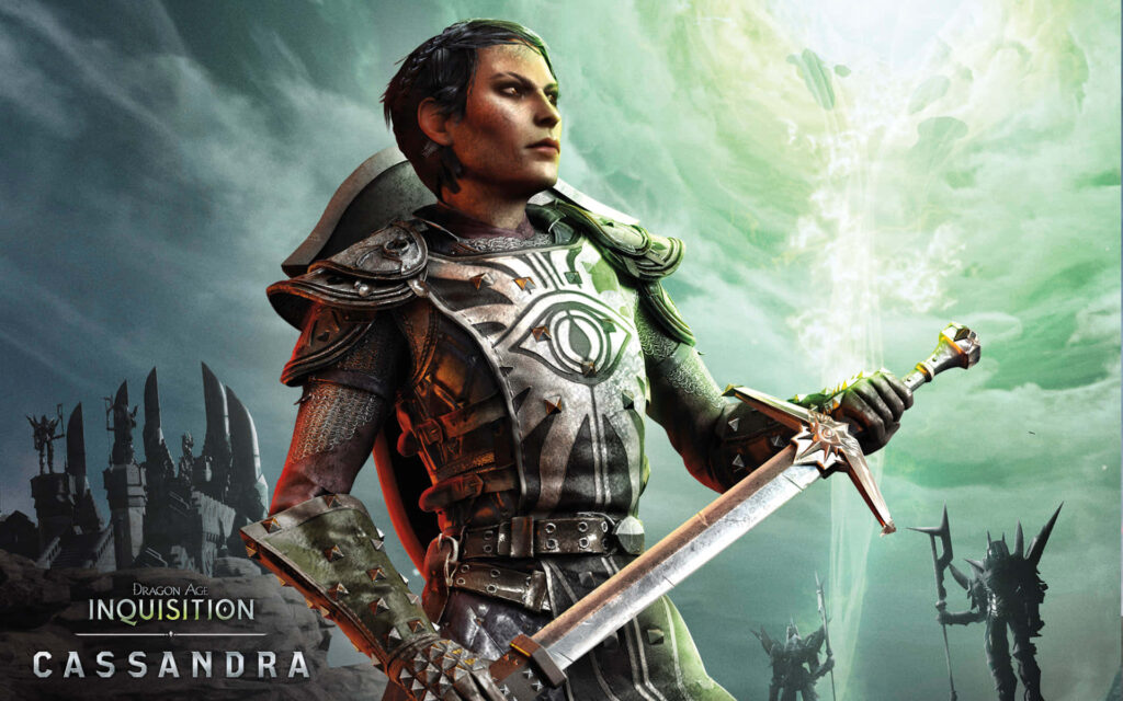 Dragon Age: Inquisition Wallpaper - Cassandra Pentaghast in Armor with Sword in Hand, Foreboding SkysetBackground