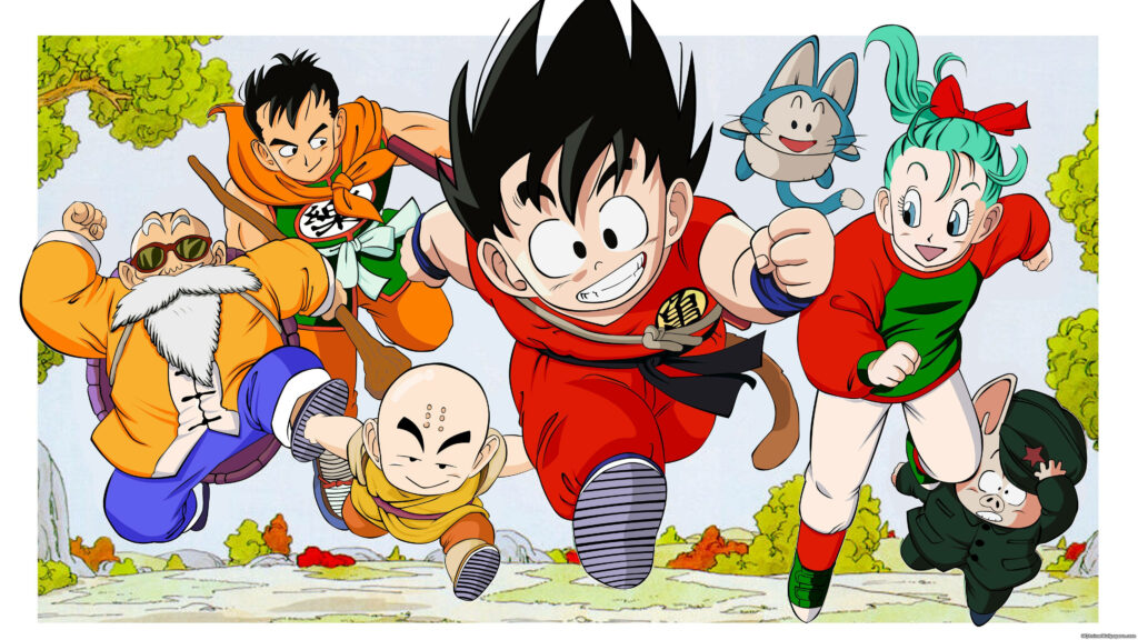 Dragon Ball wallpaper with Goku Bulma Krillin and friends in vibrant anime nature scene