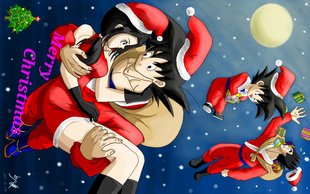 Dragon Ball Characters in Santa Outfits: Festive Christmas Wallpaper