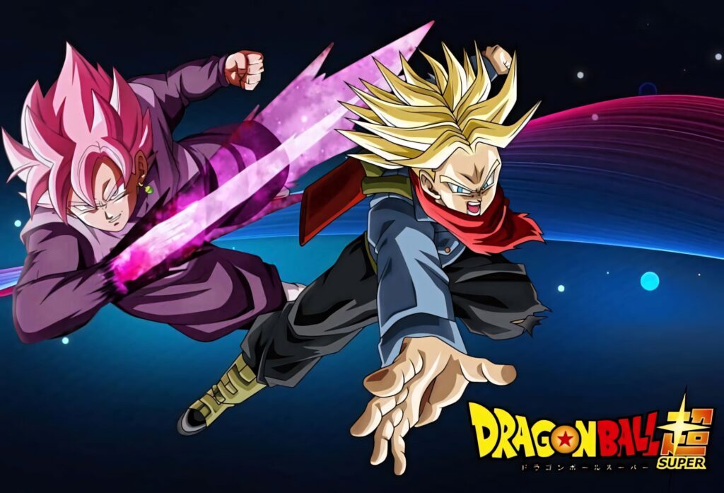 Trunks and Zamasu fight in dynamic stances with cosmic background Dragon Ball Super wallpaper
