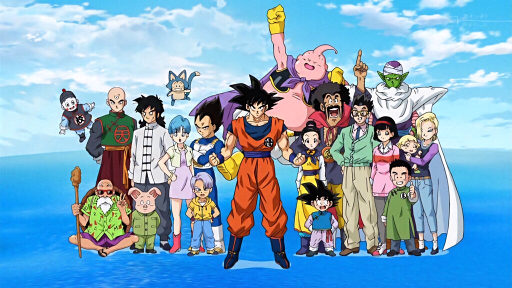 Dragon Ball anime characters united vibrant wallpaper blue sky ocean background adventure