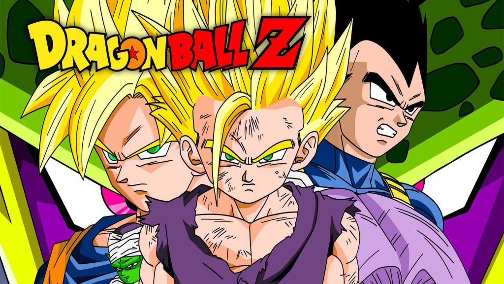 Dragon Ball Z wallpaper featuring Goku Gohan Vegeta Piccolo vs villain Cell vibrant anime art