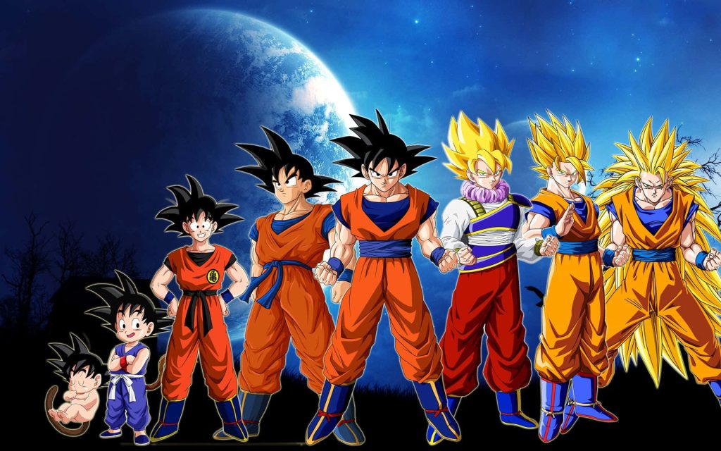 Anime evolution of Dragon Ball Z Goku from baby to Super Saiyan 3 with cosmic background Wallpaper