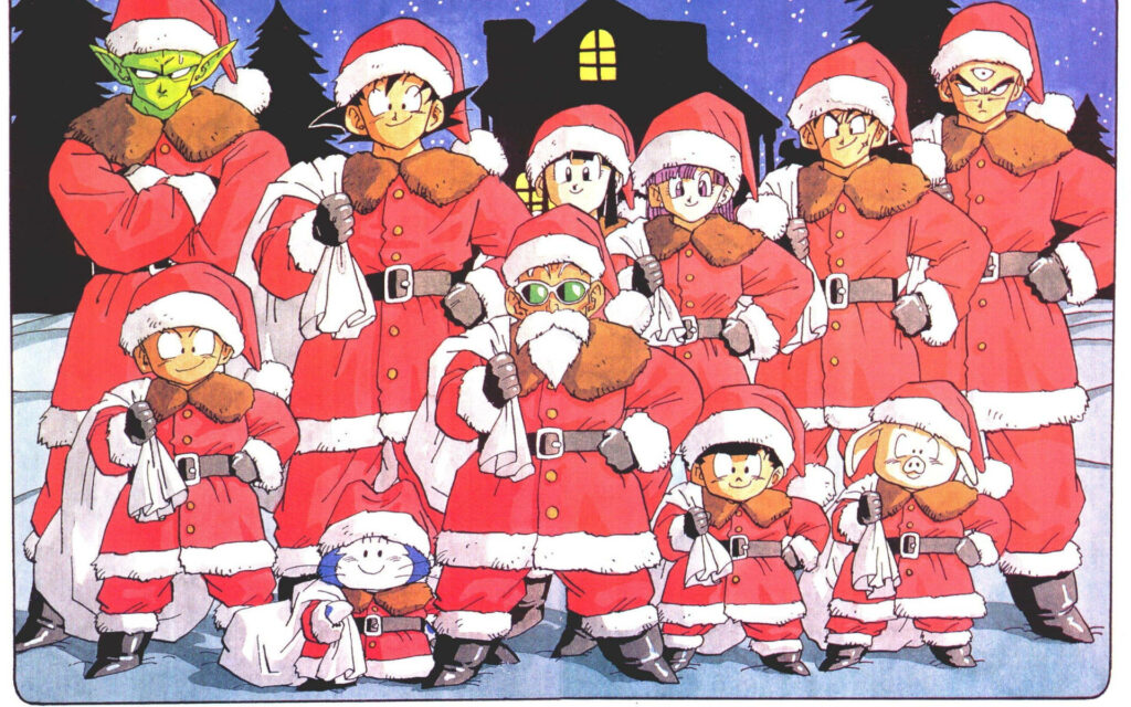 Dragon Ball Z Characters Celebrate Christmas in a Cozy Snowy Scene Wallpaper