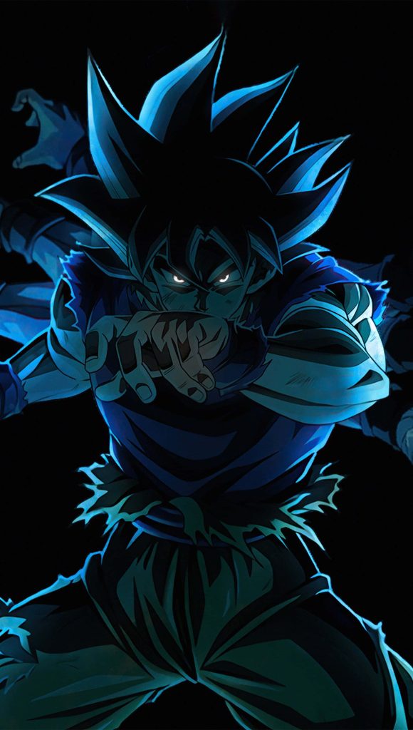 Dragon Ball Z Son Goku intense fighting stance blue rim lighting torn gi glowing eyes wallpaper