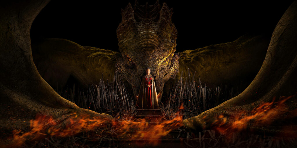 Legendary Dragon Caraxes and Queen Rhaenyra Targaryen: A Majestic House of the Dragon Moment Wallpaper