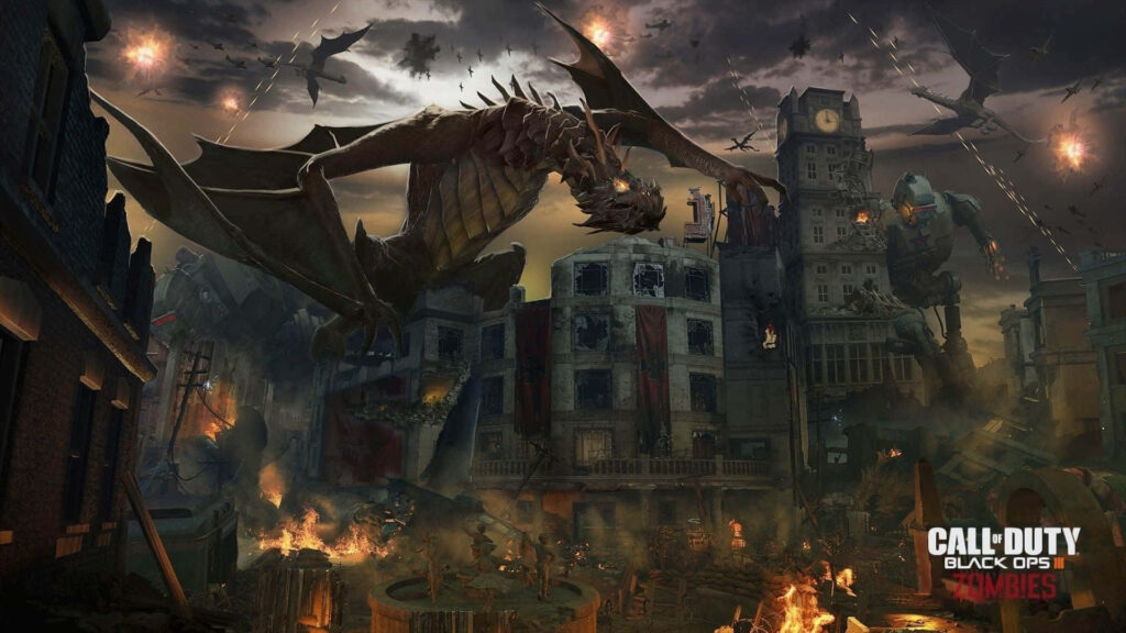 Dragonic Menace emerges in Black Ops 2: A mesmerizing wallpaper displaying the formidable winged Dragon Zombie Boss.