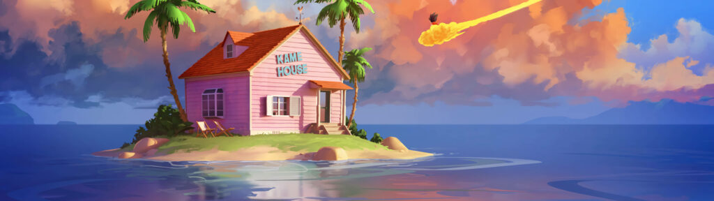 Dragonball Z: Kame House Oasis – Goku Soars on the Nimbus Cloud in Stunning Panoramic Capture Wallpaper
