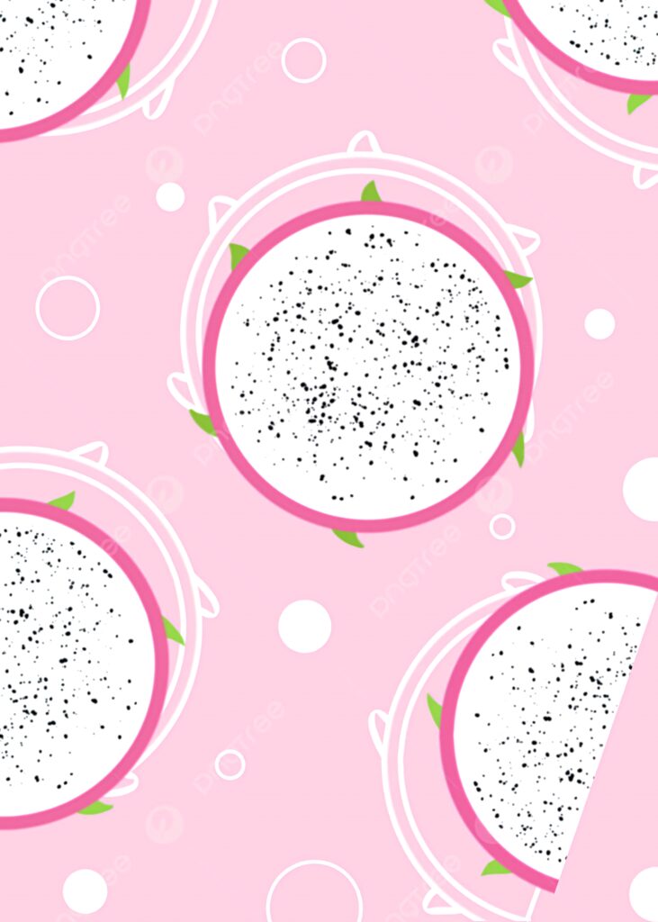 Dragonfruit slices pattern on soft pink background with white circles and minimalist line art wallpaper