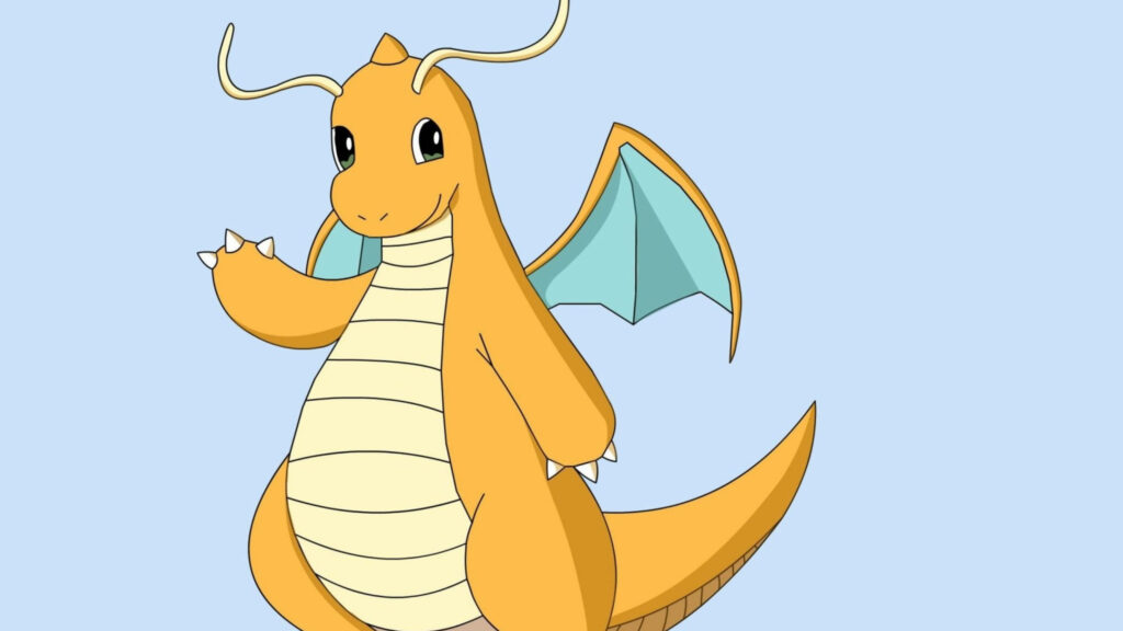 Dragonite Pokémon wallpaper with bright orange dragon flying type on soft blue background anime style