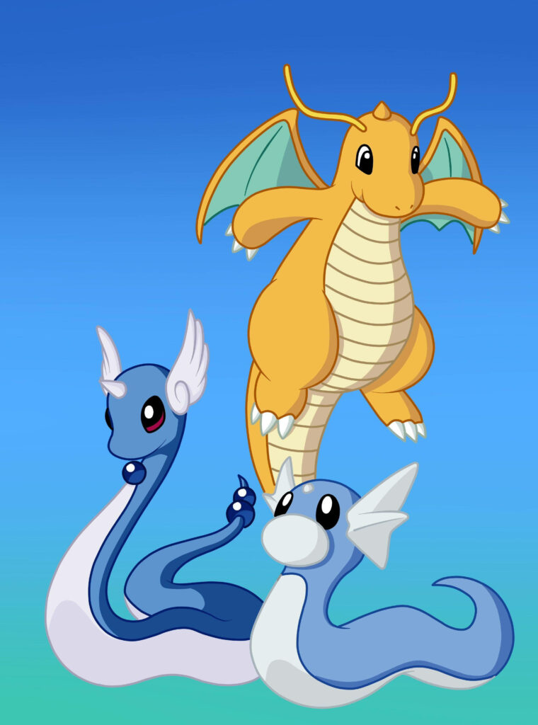 Dragonite Dragonair and Dratini anime wallpaper vibrant blue gradient evolution line background