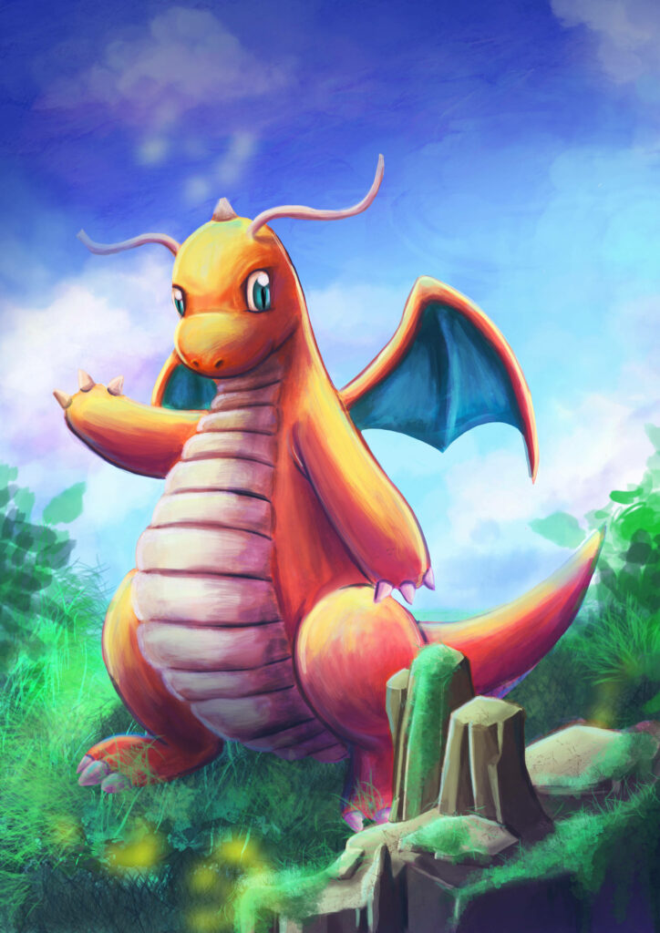 Dragonite hand painted art in sunlit meadow with bright sky vibrant orange scales and blue wings Wallpaper