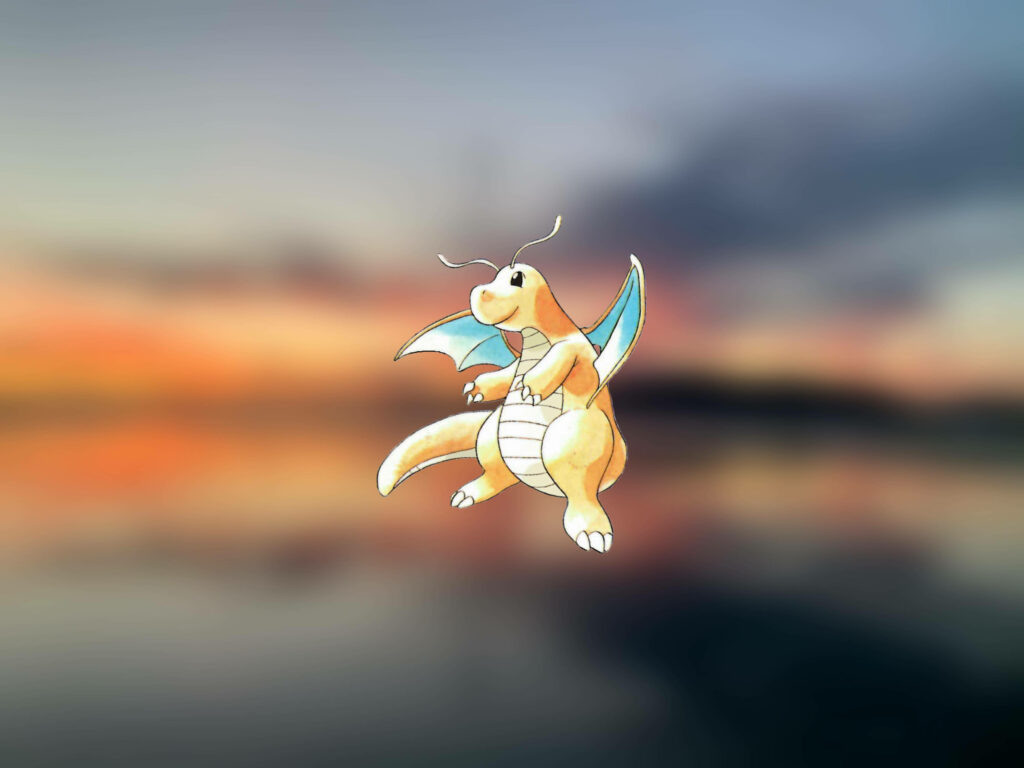 Dragonite with orange scales and blue wings stands confidently against sunset anime wallpaper background