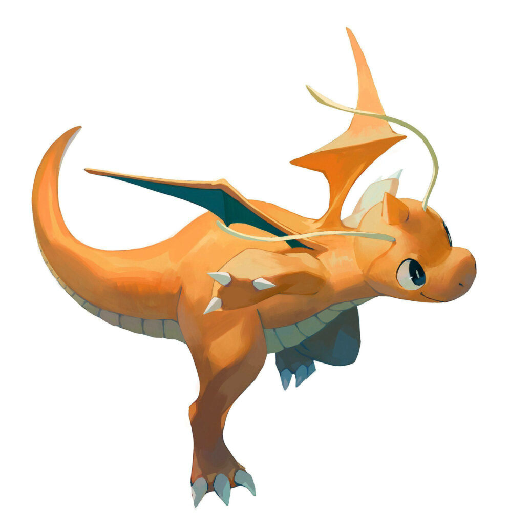 Dragonite Pokémon wallpaper with bright orange wings dynamic pose on clean white background