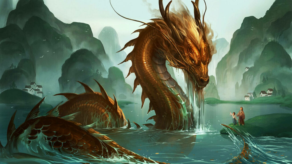 Mountain Village Magic: A Shimmering Eastern Dragon Emerges from the Lake Wallpaper in 1080p Full HD 1920x1080 Resolution