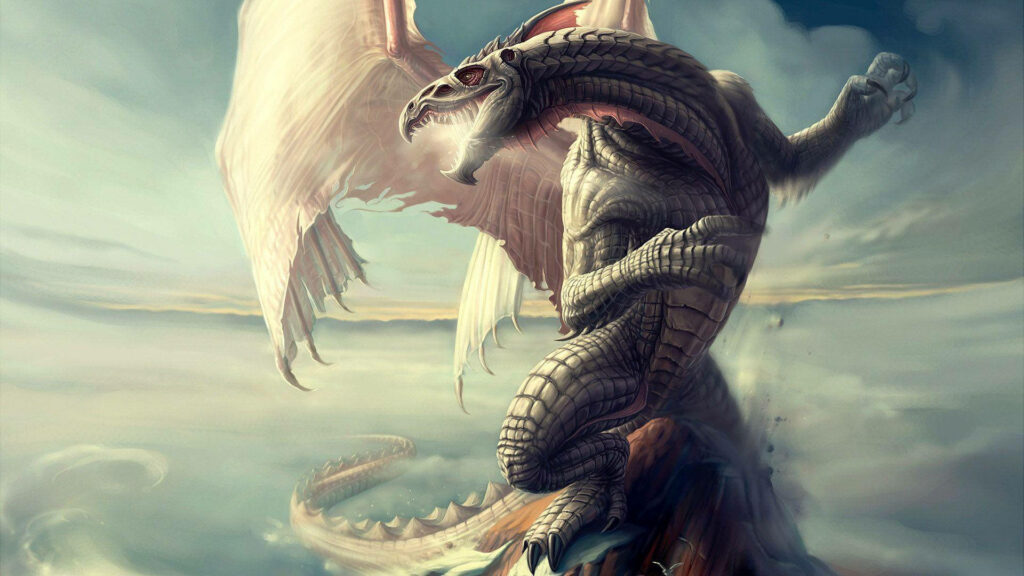 Majestic Bony Dragon Perched Atop Cloud-Kissed Mountain - Stunning HD Dragon Background Wallpaper