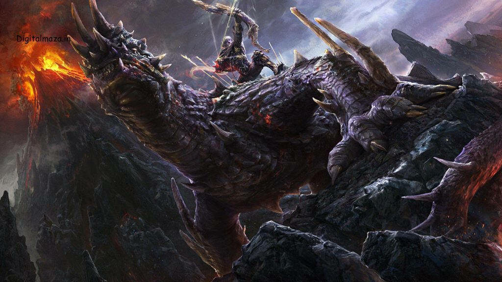 Dragon's Backdrop: Unleashing the Archer in a Dark Scaled Fantasy Wallpaper