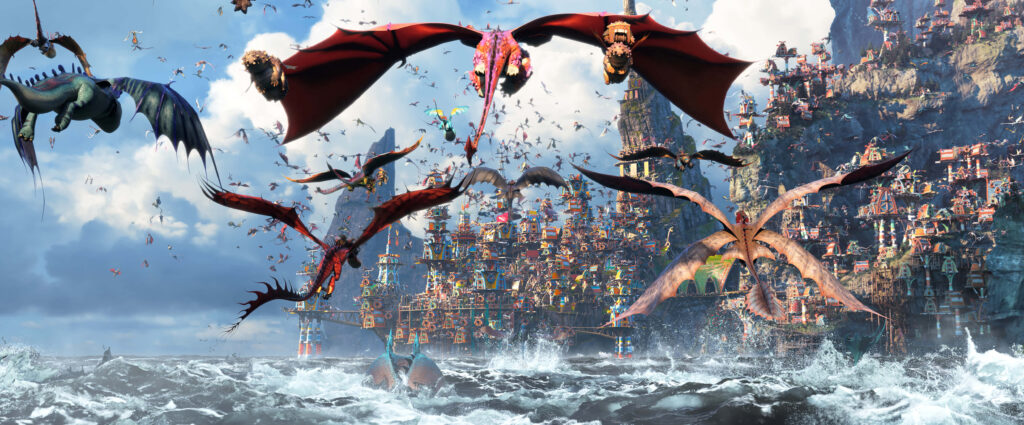 Epic Dragon Wallpaper: Soaring Over Viking Town & Rough Ocean