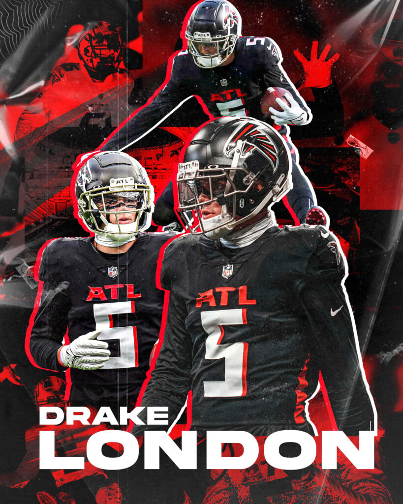 Drake London Atlanta Falcons collage wallpaper red black background intense athletic action shots