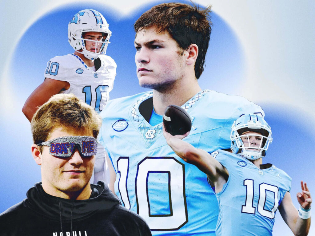 Drake Maye UNC football collage wallpaper blue white gradient University of North Carolina theme