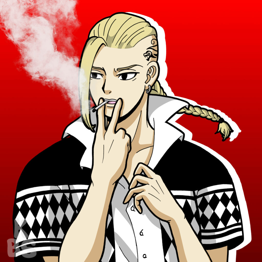 Draken Tokyo Revengers bold anime character with blonde braid smoking against vibrant red background Wallpaper