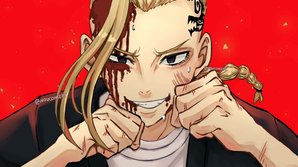 Draken Tokyo Revengers fierce bloodied face intense red background dramatic anime wallpaper